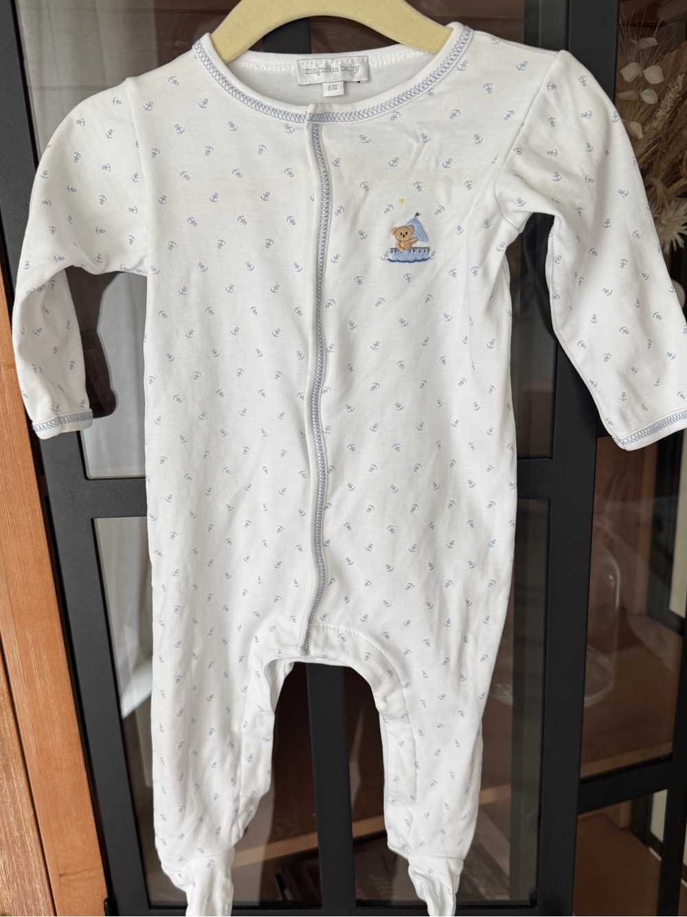 Magnolia baby pima footies embroidered teddy bear anchors sailboat nautical boy